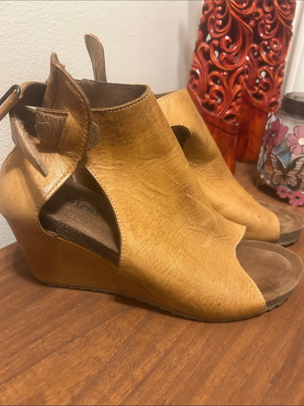 Women's Tan Open-Peep Wedge Sandals with Back Buckle